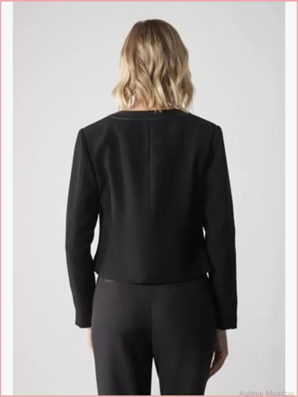 Collarless Blazer Jacket with Faux Leather Trim, Long Sleeve, Cropped